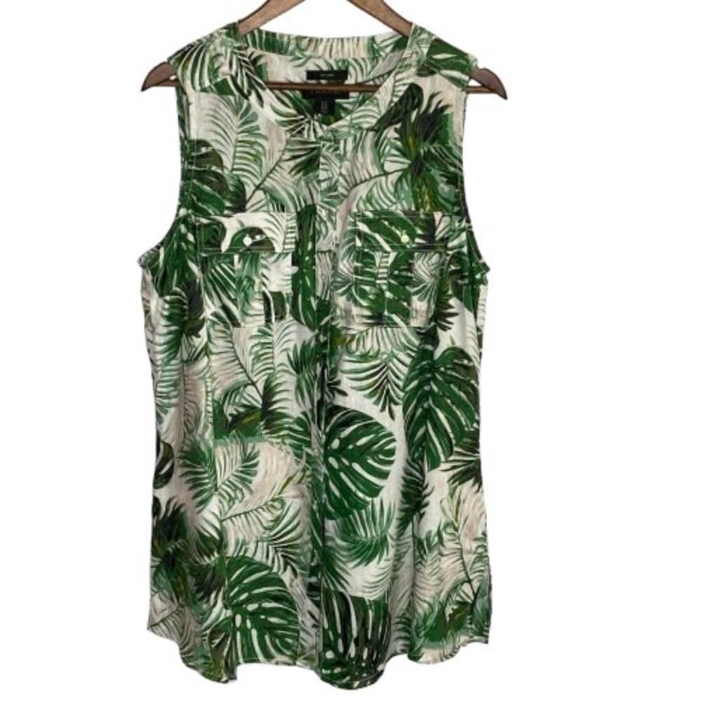 Tahari Womens Linen Tunic Top Size 1X Green Palm Leaf Sleeveless Resort Tropical